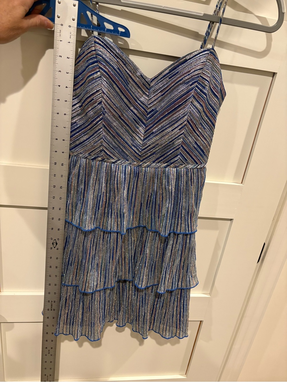Blue Metallic Stripe Tiered Slip Dress